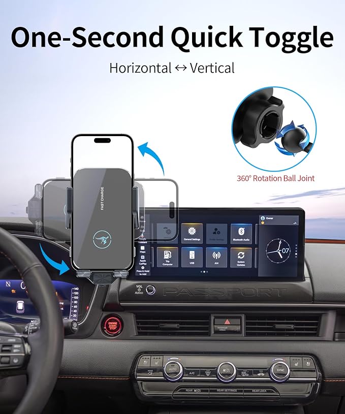 15W Wireless Fast Charger for Honda Passport 2026 / Honda Pilot 2026 Accessories 12.3-inch Screen Fixed Clip, Interior Decoration Mobile Phone Mount, 360° Rotation, Don't Affect Air Vent