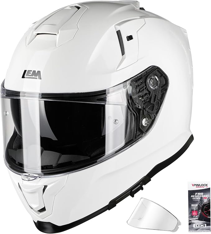 LEM Motorcycle Helmets Full Face for Men, Motorcycle Helmet for Adults, DOT Certified, PINLOCK & DVS Dual Vision, Motorcycle Street Bike Helmet, Bluetooth Speaker Pockets (White Small) VZN FP09