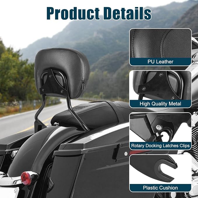 Detachable Upright Passenger Backrest Sissy Bar With Backrest Pad Compatible With for 2009-2025 Harley Touring Street Glide Road King Electra Glide Road Glide FLHR FLHX FLHT FLTR,Black