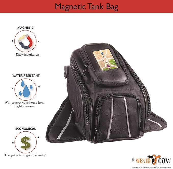 The Nekid Cow | Motorcycle Tank Bag Waterproof with Heavy Duty Strongest Magnetic Gas Tank Bag Black Rain Cover Included