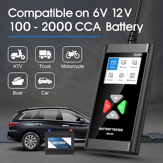 BM560 6V 12V Car Battery Tester, 100-2000 CCA Voltage Tester 2Ah-220Ah Digital Auto Battery Analyzer Internal Resistance Tester Automotive Alternator for Cars/Trucks/Motorcycles/Boats