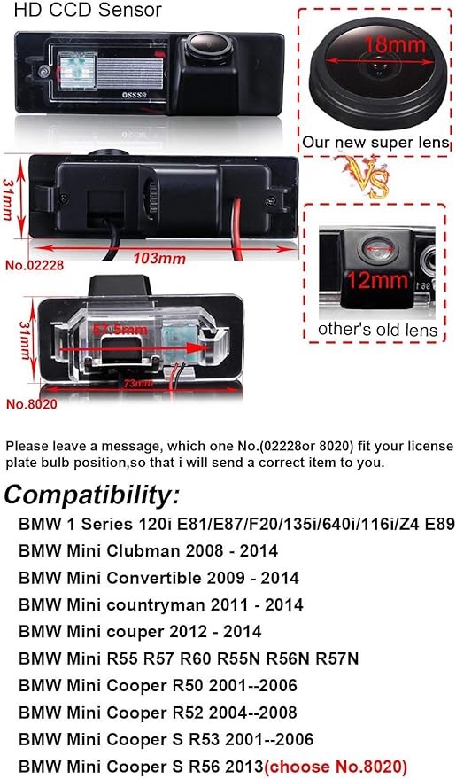 Car Backup Camera HD 1280 * 720 Pixel Rear View Camera License Plate Backup Camera Replacement for BMW 1 Series 120i E81/E87/F20/135i/640i/116i/Z4 E89 Mini Clubman Convertible Countryman