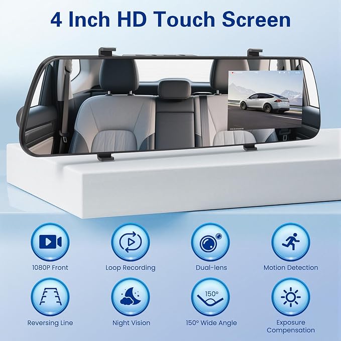 1080P Dual Lens Rear View Mirror Camera, 4 Inch Touchscreen Mirror Dash Cam Front and Rear, Exposure Adjustment/Loop Recording/Motion Detection/Parking Assistance + Backup Camera