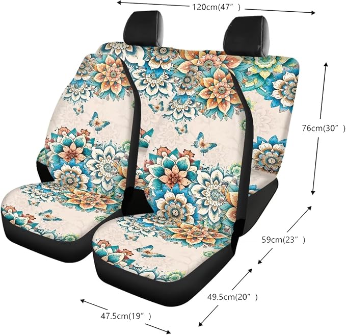 Boho Mandala Butterfly Pattern 13 Pieces Car Accessories, Car Seat Covers Full Set, Wear Resisting Steering Wheel Cover, Seat Belt Pads, Cup Holder Coasters Auto Interior Decoration