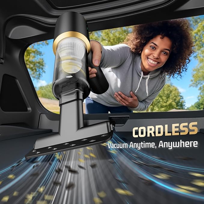 Cordless Car Vacuum Cleaner: Handheld Vacuum with 𝟏𝟔𝟎𝟎𝟎𝐏𝐚 Strong Suction, 𝐁𝐫𝐮𝐬𝐡𝐥𝐞𝐬𝐬 𝐌𝐨𝐭𝐨𝐫 & HEPA Filter, 𝟕-𝐢𝐧-𝟏 Cleaning Kit, Type-C Charging for Home Office Car - Black