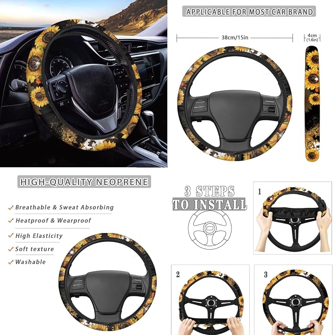 Wanyint Sunflower Aztec Leopard Cow Print Car Seat Cover Set 12 PCS, Front Back Car Seat Covers Steering Wheel Cover Armrest Pad Handbrake Cover Gear Shift Cover Seat Belt Pads Coasters Auto Decor