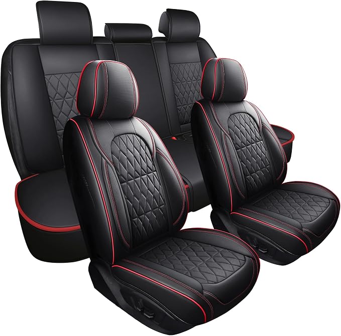 Aierxuan Waterproof Leather Car Seat Covers 360°Full Coverage, Universal Fit Toyota Honda Ford Hyundai Elantra Civic Corolla Nissan Murano, Full Set, Black-Red