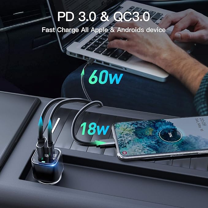REXING JETSPEED Black 78W PowerDrive+ USB-C Car Charger, 2 Port QC3.0/PD3.0 for Dashcam/Android/iPhone/iPad/MacBook/Windows Fast Charge Dual Cigarette Lighter Adapter