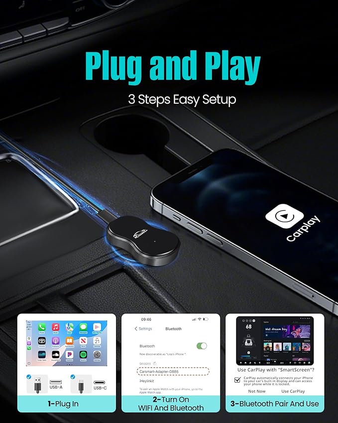 Wireless Carplay Adapter for Apple iPhone iOS 10+ & Cars from 2016+,Plug & Play, Auto-Connect Stable Control & No Latency Mini Size with Extension Cable USB/Type-C (M7)