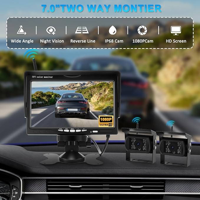 Backup Camera System Kit with 2 Cameras and 7 Inch HD Monitor IP69 Waterproof Night Vision Backup Camera Rear View Camera for Truck RV Van SUV Pickup