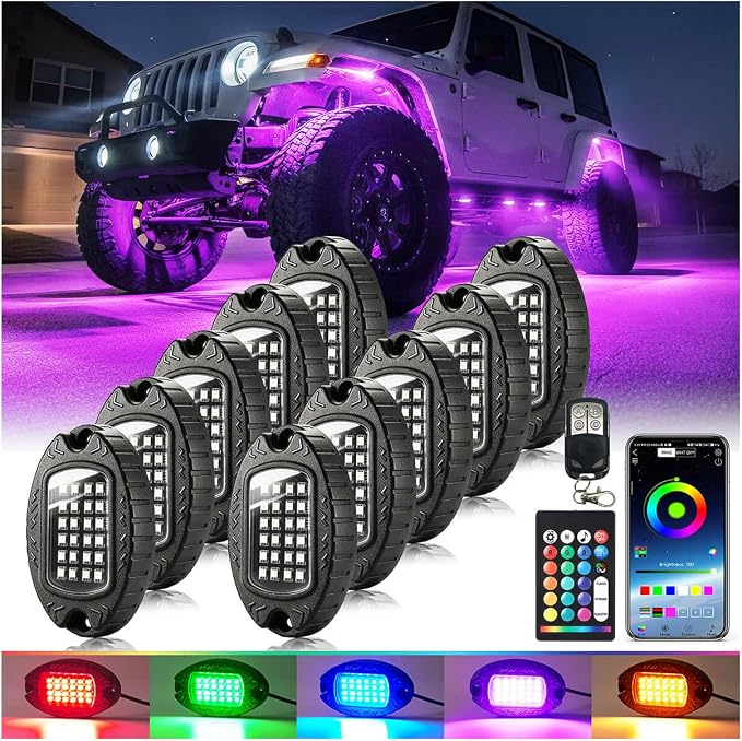10Pods Aluminum RGB LED Rock Lights Full Kit for Jeep Trucks UTV ATV RZR Golf Cart Offroad SXS Side by Side with APP/RF Remote, Waterproof Multicolor Underglow Light Metal Alloy Case Segmented 12V