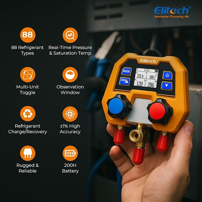Elitech HVAC Gauge Set, Digital Manifold Gauge Set for HVAC & Automotive Systems, Supports 88 Refrigerants, DMG-2SE with 3 Color Hoses & 2 R410A Adapters