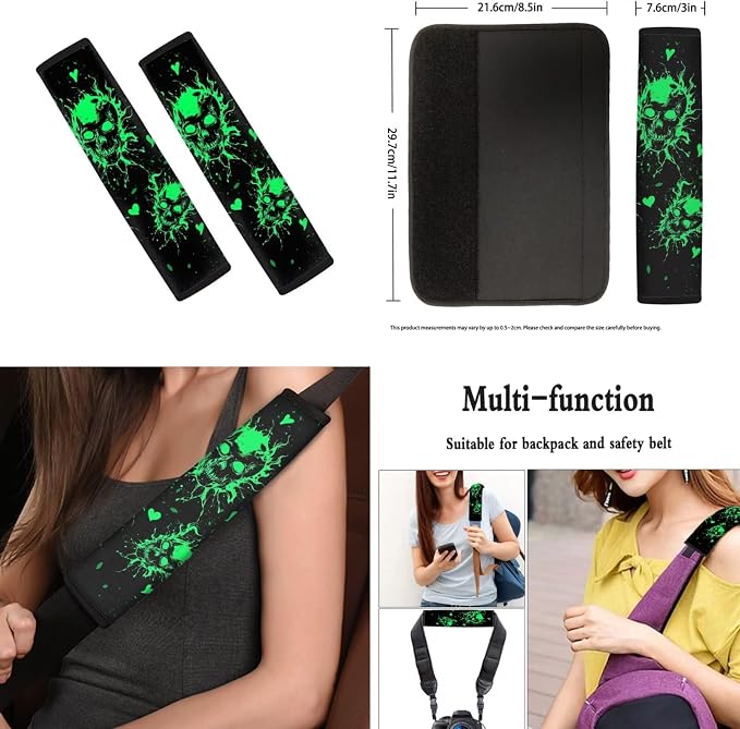 Howilath Green Glowing Skull Front Car Seat Covers Set with Interior Accessories Steering Wheel Cover/Seatbelt Pads/Keychain/Armrest Cushion/Coasters Fit Sedan Truck Van - 10 Packs