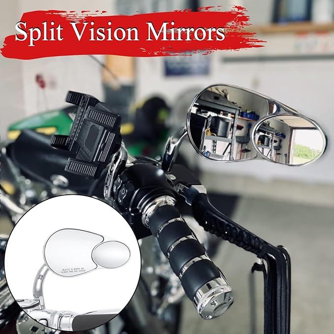 WOWTK Rearview Mirrors,Split Vision Mirrors for Harley 1982-2025 Most Models Road King Street Glide Road Glide Softail Iron 1200 Iron 883 Deluxe Fat Boy Sport Glide XG750 XG500,Chrome