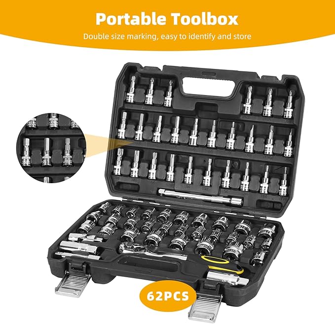 TILIBOTE Socket Wrench Set, 62PCS 3/8" Ratcheting Wrench Set With 72 Tooth Count Ratchet, SAE & Metric From 5/16" - 7/8 ", 6mm - 23mm,Tool Set For Home Use and Automotive Repair