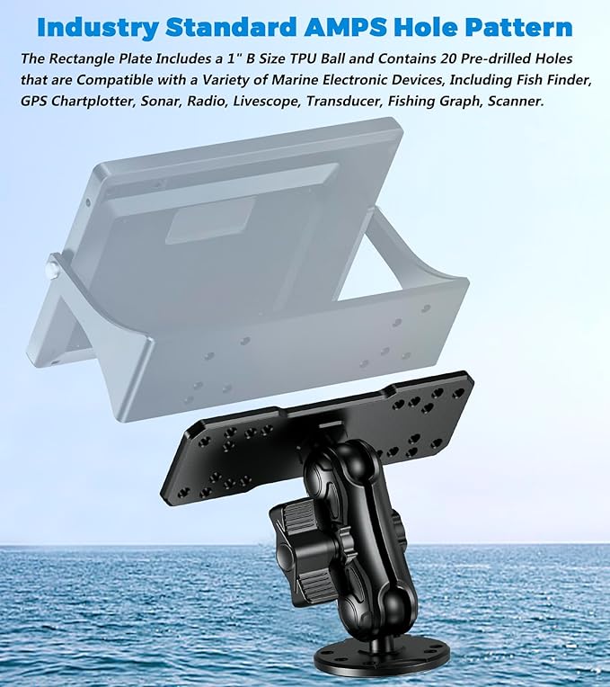VAZESWIN Aluminum Alloy Fish Finder Mount with B Size 1" Ball Rectangular Plate & Round Base, 3.5" Medium Arm Marine Electronic Mount Compatible with Garmin, Lowrance, Humminbird, Raymarine and More