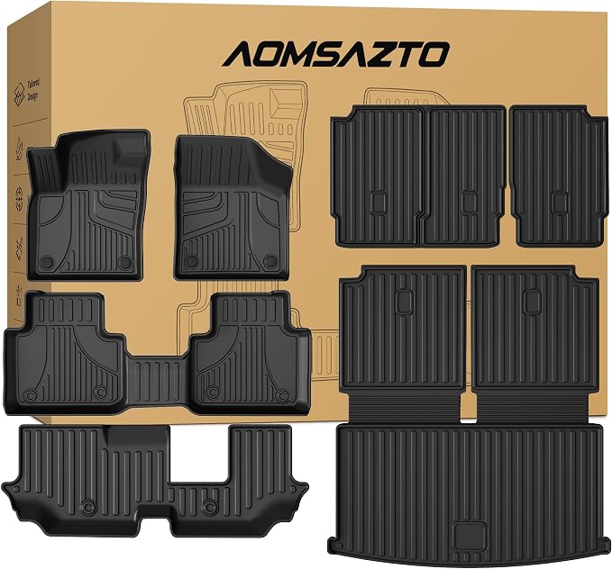 AOMSAZTO Floor Mats Compatible with 2018-2025 2026 Volkswagen Atlas (Not for Cross Sport) 7 Seats - VW Atlas TPE All Weather Protection Floor Mats & 2nd & 3rd Row Backrest Mat & Cargo Liner