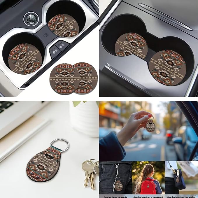 Brown Aztec 12 Pcs Car Seat Covers with Steering Wheel Cover,Seat Belt Covers Cup Holder with Keychain Novelty Automotive Protector Set Universal Fit Automotive Most Cars