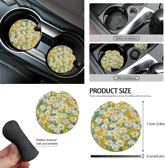 Car Seat Covers 13PCS Car Accessories Steering Wheel Covers+Seat Belt Pads+Coaster+Key Ring+Lipstick Holder Auto Interior Decor,Black, Colored Daisy Floral Print