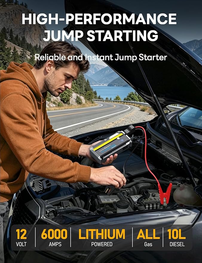 Sharmeal 6000A Car Battery Jump Starter Up to All Gas & 10.0L Diesel Engine, Car Battery Jumper Starter Portable 12V Jump Box with USB Output, Storage Case, LED Flashlight