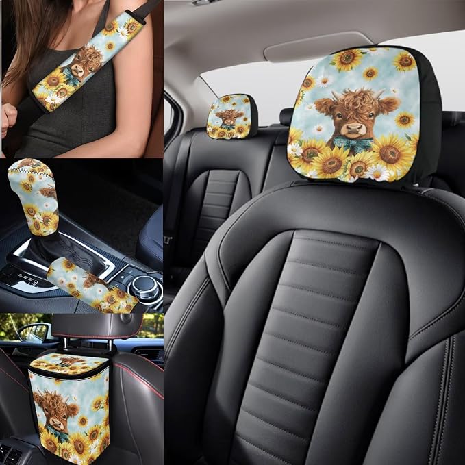 Highland Cow Car Seat Covers Full Set with Head Rest Covers,Universal Sunflower Car Accessories for Women Cute Automotive Interior Sets with Backseat Trash Can,Steering Wheel Cover