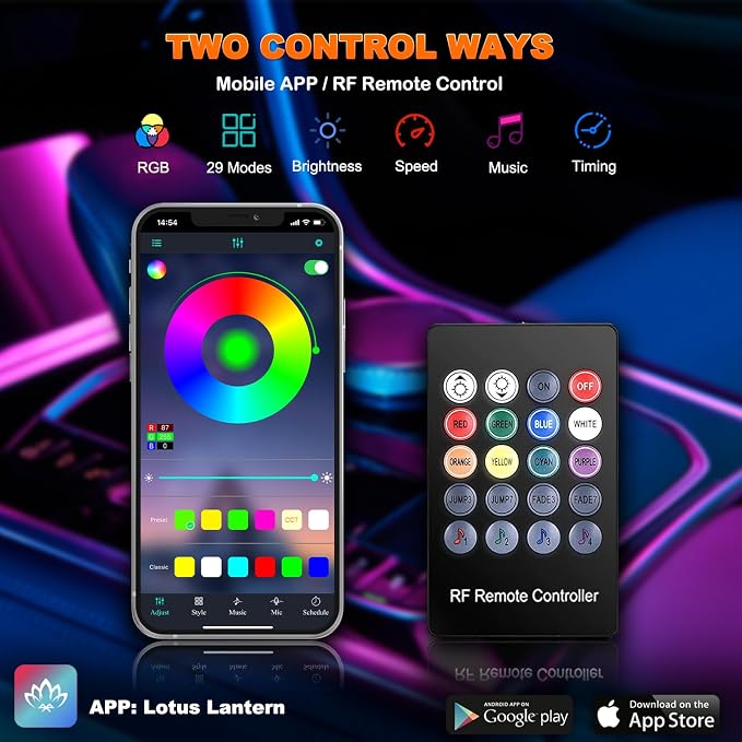 Jushope Car LED Strip Lights, USB Interior Ambient Lighting Kits with Wireless APP and RF Remote Control, 16 Million Colors Music Mode Car Decoration Lights with 315 inches 3.0mm Fiber Optic (6 in 1)
