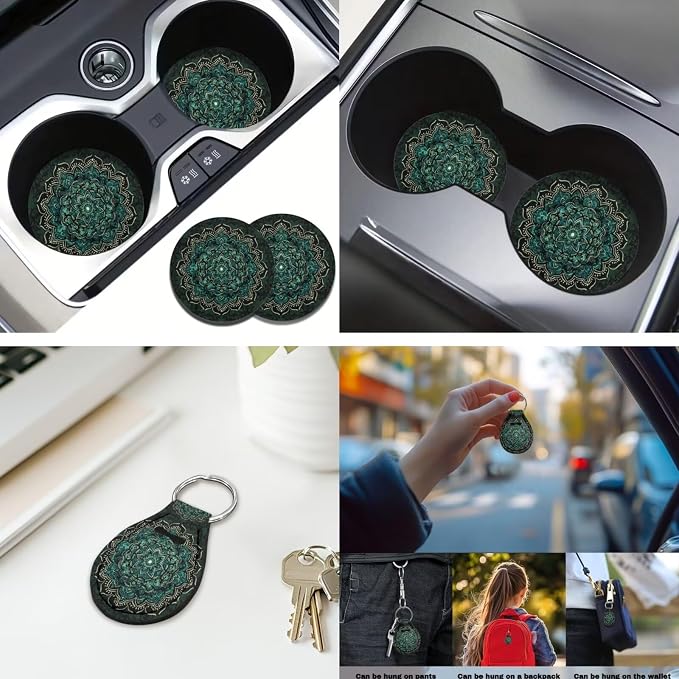Green Mandala 12 Pack Car Seat Covers Full Set Steering Wheel Cover Seat Belt Cover Keychain Holder Armrest Cushion Protector Universal Fit Most Vehicles Cars SUV