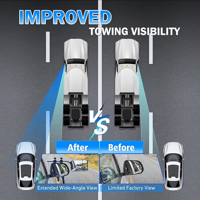 Clip-On Mirror Extenders for Towing, Shatterproof Dual View Convex Tow Mirrors, 360° Adjustable Universal Side Mirror Extensions for Truck, SUV, RV & Trailer, 2-Pack