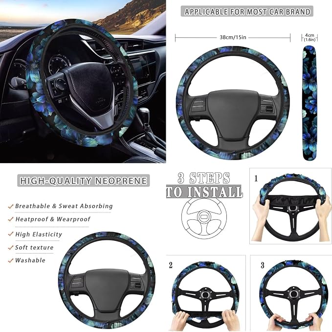 Howilath 10 Packs Blue Hibiscus Flower Car Front Seat Cover with Interior Accessories Steering Wheel Cover/Seatbelt Pads/Keychain/Armrest Cushion/Coasters