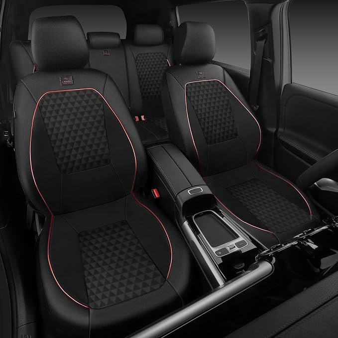 CAR PASS Leather Car Seat Covers Gel Wetsuit PU Full Set Seat Covers Waterproof EVA All Weather Neoprene Universal Fit Pickup SUV Truck Sedan Automotive, Armrest Airbag Compatible, Rhombic Red Strip