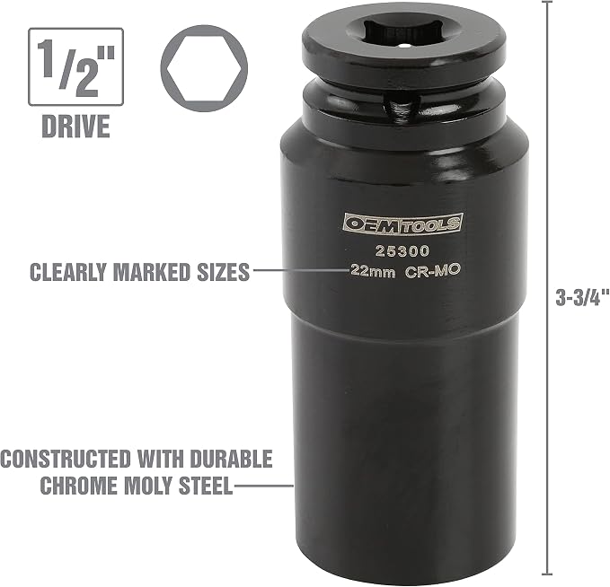OEMTOOLS 25300 22mm Crank Bolt Socket, Heavy Duty Harmonic Balancer Socket For Stubborn Bolts, 22mm Impact Socket 1/2 Drive Crank Bolt Removal Tool