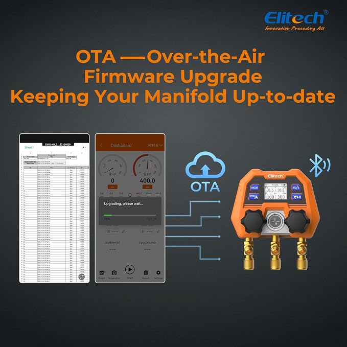 Elitech Smart Digital Manifold Gauge DMG-4B, 3-Way HVAC Refrigerant Tester with Bluetooth, OTA Remote Upgrade, 140+ Refrigerants Support, R410A R134A R22, Advanced Modes Expandable via App