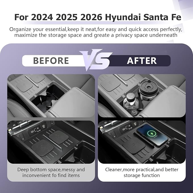 LUWU 2025 2026 Santa Fe Center Console Cup Holder Insert & Wireless Charging Protective Mat for Santa Fe 2024 2025 2026 Accessories Premium Silicone Material Cup Holder Easy Install & Clean, 2-Pack