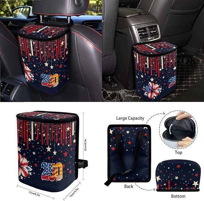 15Pcs Car Seat Cover Set Steering Wheel&Seat Belt Cover Trash Bin Air Vent Storage Box Front Rear View Mirror Cover Car Cup Holder Keychain, American 250Years Patriotic Flag Hibiscus