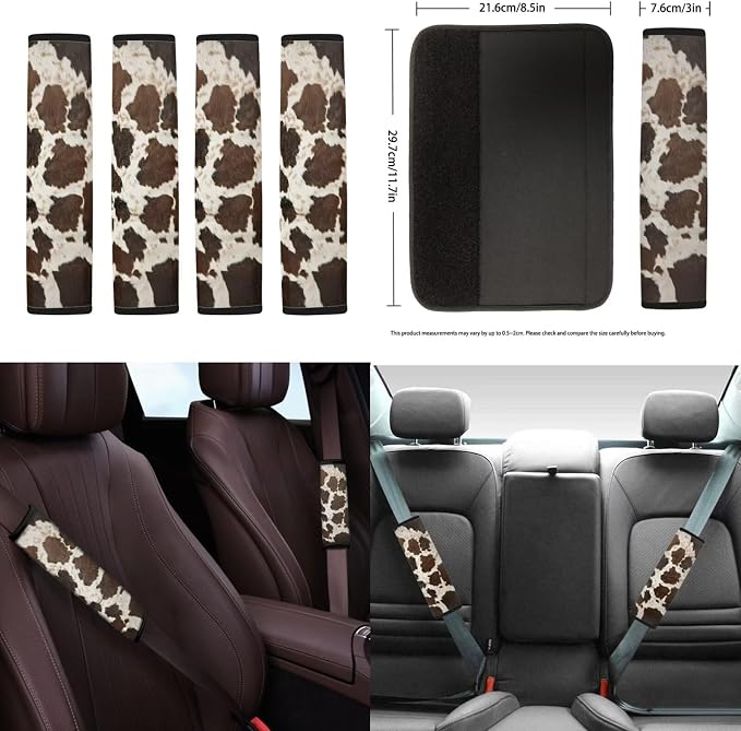 Brown Cow Print Car Seat Covers Full Set Steering Wheel Cover Set of 18 Universal Handbrake Cover,Center Console Cushion,Headrest Protector,Seat Belt Pad,Cup Holder Coaster and Keychain