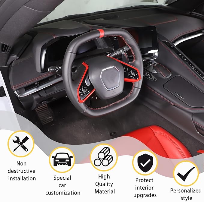 Steering Wheel Button Cover Compatible with Chevrolet Corvette C8 2020-2023, Steering Wheel Frame Trim, Car Steering Wheel Panel Protection Frame Molding Sticker (ABS-Sports red)