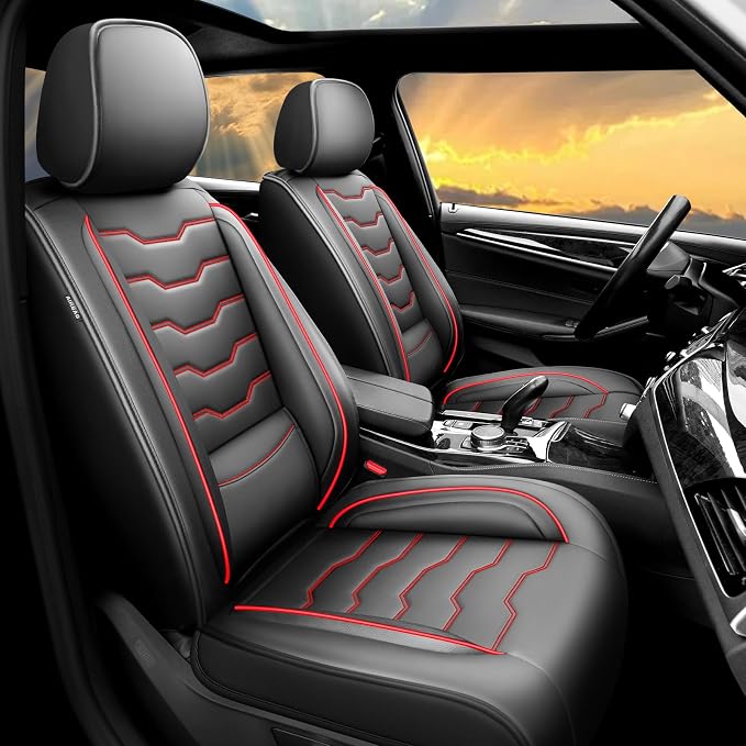Fit Camry Car Seat Covers Premium Leather for Toyota Camry 2015-2025 2026. Waterproof， Anti-Slip, Scratch-Resistant & All-Weather Seat Cushion Protector (Full Set, Red Line Black)