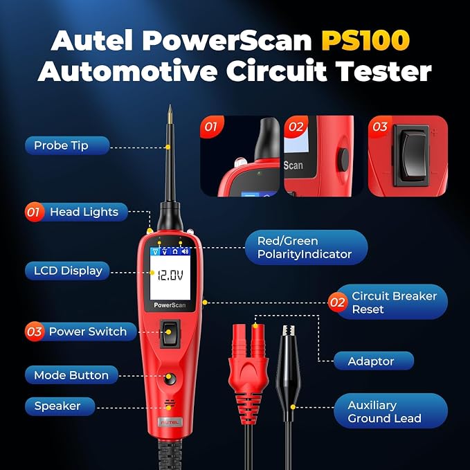 Autel PowerScan Automotive Circuit Tester PS100, 12V-24V Power Circuit Probe Kit w/Flashlight, AC/DC Voltage Resistance, Short Open Finder, Component Activation, 20FT Extension Cord for All Cars