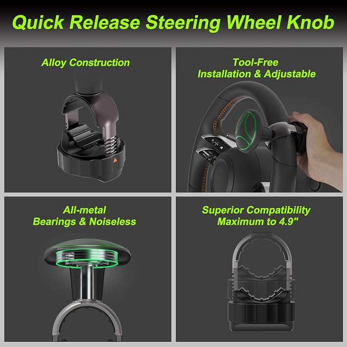 Tool Free Steering Wheel Knob, Suicide Knob for 3.45-4.9" with Metal Bearing, Steering Wheel Knob Spinner for Cars, Trucks, Mowers, Boats, No Screws or Tools Needed (1Pack, Green)