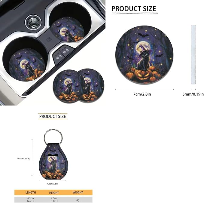 Suobstales Cat Pumpkin Moon Bat Print Car Seat Cover Full Set Car Interior Accessories Halloween Decor Front/Back Bench Bucket Seat Cover, Steering Wheel Cover, Seat Belt Cover, Coasters, Keychain