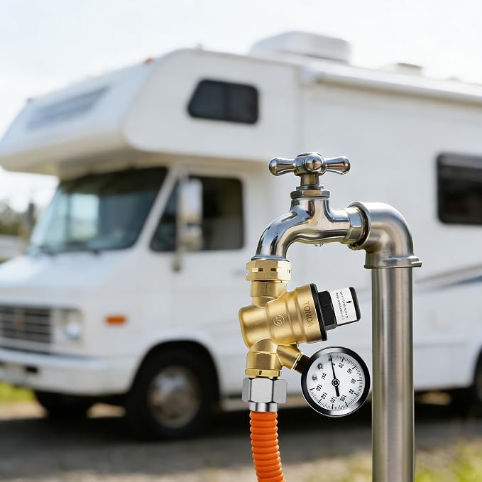 TONDA RV Water Pressure Regulator, Brass Lead-Free Adjustable Pressure Regulator with Gauge and Inlet Screen Filter for RV Camper Travel Trailer Water Hose