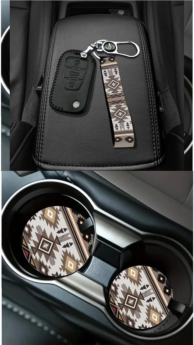 Dreaweet Navajo Seat Covers for Cars Full Set Southwestern Geometric Tribal Steering Wheel Cover Seat Belt Pads Trash Bag Vent Storage Pouch Rear View Mirror Cover Car Coasters Keychain 15 Pcs Set