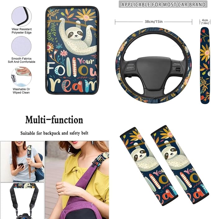 Mumeson Sloth Car Seat Covers Auto Front and Rear Cushion Covers with Steering Wheel Cover Seat Belt Shoulder Pads + Car Armrest Cushion Interior Accessories