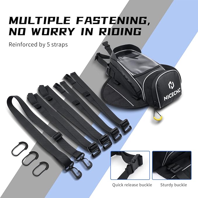 NICECNC Motorcycle Gas Tank Bag Magnetic, 6 Magnets & 5 Straps Reinforced, Detachable Anti-slip Base Portable, Dirt Bike Tank Bag Storage Bag Muti-functions for Men Women Cycling Hiking Camping, Black
