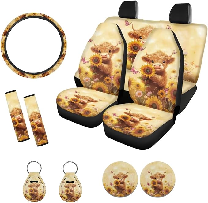 Suobstales Highland Cattle Sunflower Daisy Butterfly Print Car Accessories Car Seat Covers Full Set Interior Cover Seat Protectors with Steering Wheel Cover, Seat Belt Pads, Coaster, Keychains