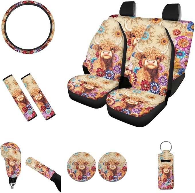 Cartoon Car Seat Covers for Front Rear Full Set + Auto Steering Wheel Cover + Seat Belt Pads + 2Pcs Coasters + Keychains + Gear Shift Cover Universal fit SUV Truck Vans Sedans, Highland Cow