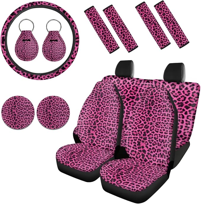 Howilath Universal Fit Pink Leopard Print Car Seat Cushion Cover with Steering Wheel Protector/Seat Belt Shoulder Pads/Keychains/Coasters Set of 13 Auto Accessories