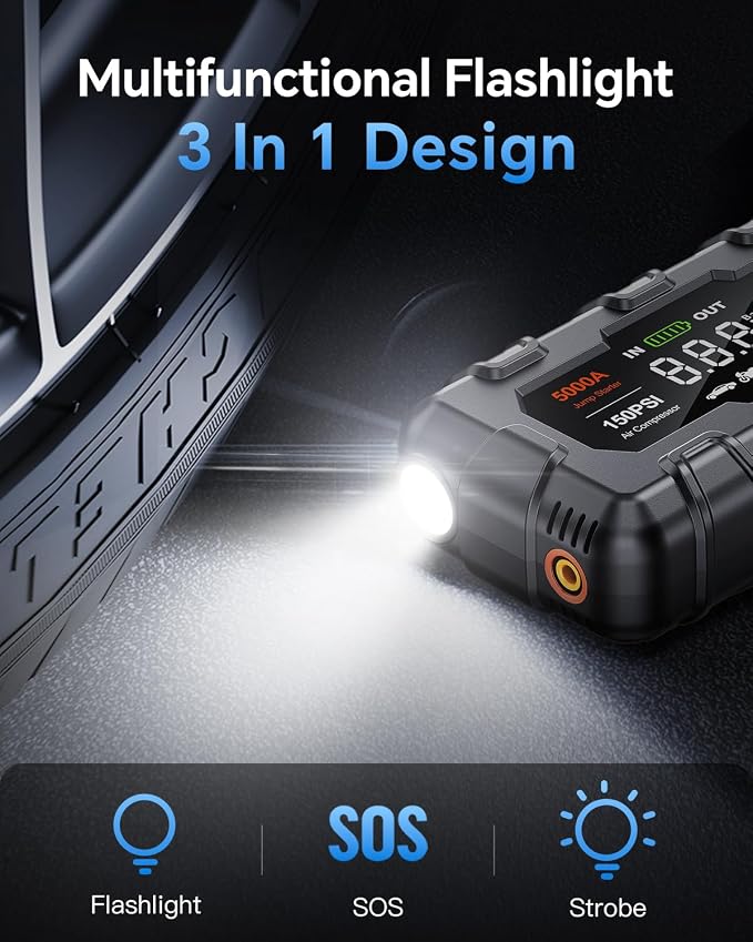 THEKUKU Jump Starter with Air Compressor, 5000A Car Battery Jumper Starter Portable, 12V Jump Box with Display,PD 45W,LED Light, Jumper Cables, and Storage Case