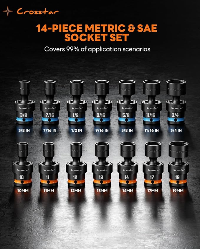 Crosstar 14 Pieces 3/8"Drive Swivel Socket Set,Impact Rated Universal Joint,CR-MO Steel,Metric and SAE Wobble Socket,6-Point Shallow Socket with Transparent Case,Flexible 360°Rotation for Tight Spaces
