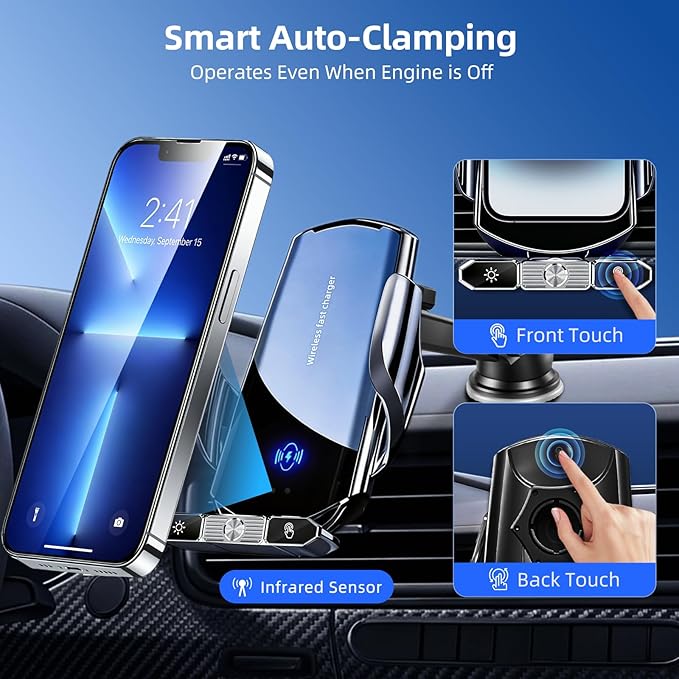 Car Phone Holder,Car Mount Charger,15W Wireless Charging & 10W Magnetic Charging(3 Connectors),Auto-Clamping Hands Free,Suction Cup Mount for Windshield,Mirror & Screen,Car Accessories & Gift